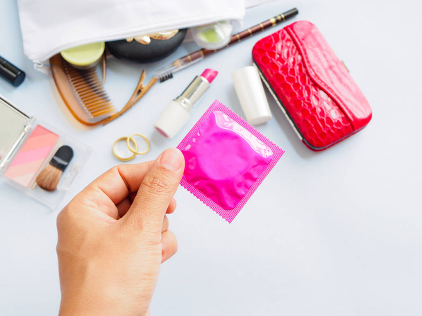Women bag with, cosmetics medicine phone and markup set  - Foto, immagini