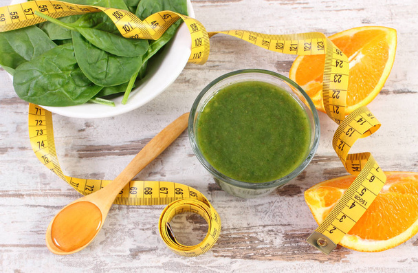 Ingredients, fresh cocktail from spinach and centimeter on wooden background, healthy nutrition and slimming - Valokuva, kuva