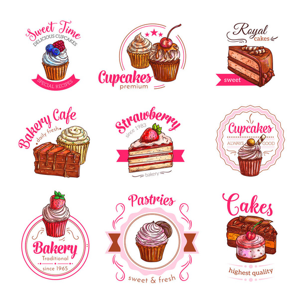 Ícones vetoriais de bolos de sobremesa e cupcakes
 - Vetor, Imagem