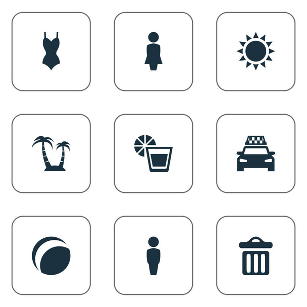 Vector Illustration Set of Simple Seaside Icons. Elementos Sol, Mujer, Taxi y Otros Sinónimos Limonada, Papelera y Juegos
. - Vector, imagen