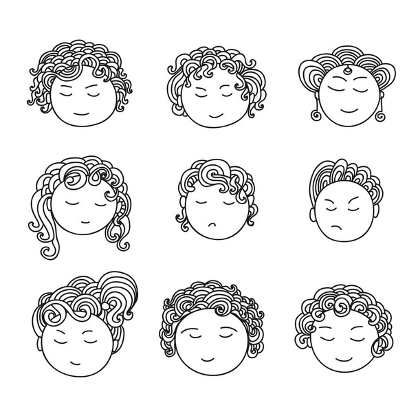 9 つの異なるかわいい手描きの顔のセット. - ベクター画像