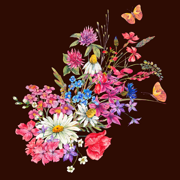 Watercolor bouquets of wildflowers and butterflies - Photo, Image