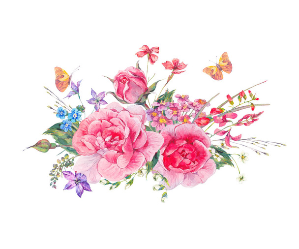 Akwarela naturalne kartkę z życzeniami z polne kwiaty i róże - Zdjęcie, obraz