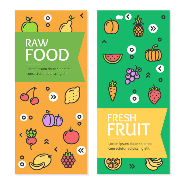 Fresh Fruit Raw Food Flyer Banner Posters Card Set. Vector - Vettoriali, immagini