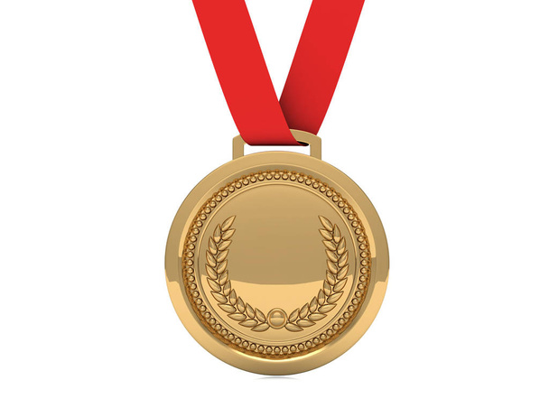 First place Gold medal with red ribbon isolated on white backgro - Foto, Imagen