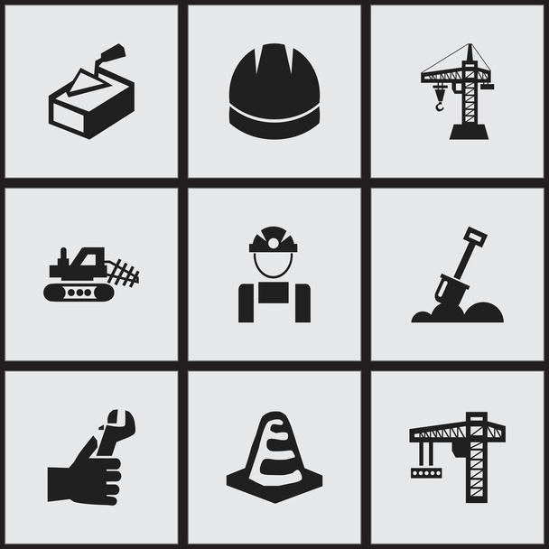 Conjunto de 9 ícones de construção editáveis. Inclui símbolos como equipamento de elevação, mula, Hardhat e muito mais. Pode ser usado para Web, Mobile, UI e design infográfico
. - Vetor, Imagem