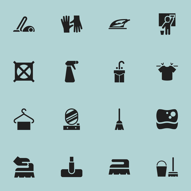 Conjunto de 16 iconos de limpieza editables. Incluye símbolos tales como herramienta de lavado, electrodomésticos, exfoliante y más. Puede ser utilizado para el diseño de la tela, móvil, interfaz de usuario e infografía
. - Vector, Imagen