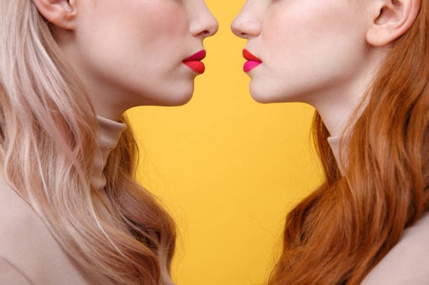 Cropped image of young two ladies with bright makeup lips - Photo, Image