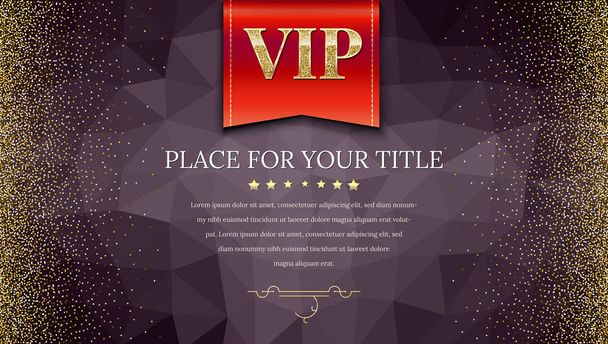 VIP or luxury red flag on dark polygonal background make from triangles with golden, shiny, glitter dust. Horizontal picture frame. Template for advertisement, VIP or luxury card, selling banner - Vektör, Görsel