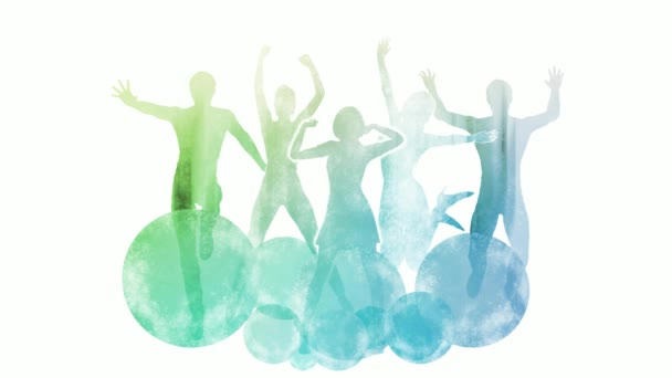 Groep vrienden te springen van vreugde in aquarel verf - Video