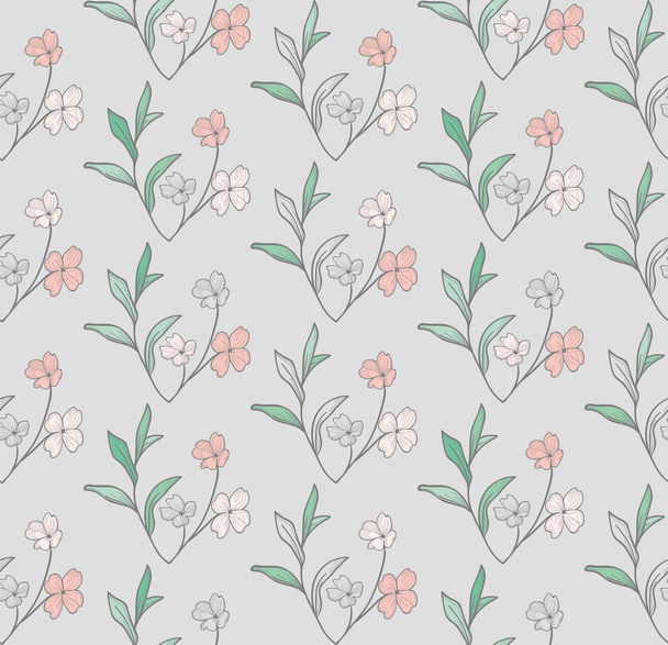 Vector Seamless Pattern with Drawn Flowers, Branches, Plants - Vetor, Imagem