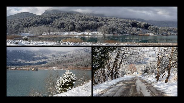 Collage de una montaña lago Doxa en un día de invierno (Peloponeso, Grecia
) - Foto, imagen