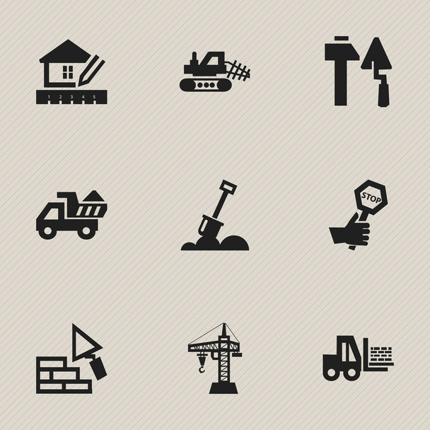 Conjunto de 9 iconos de construcción editables. Incluye símbolos tales como elevador, remo, resistencia y más. Puede ser utilizado para el diseño de la tela, móvil, interfaz de usuario e infografía
. - Vector, Imagen
