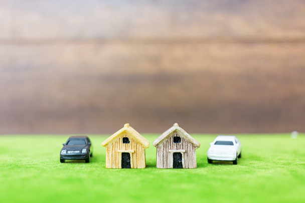 Miniature bamboo house and car on green yard  - Foto, immagini