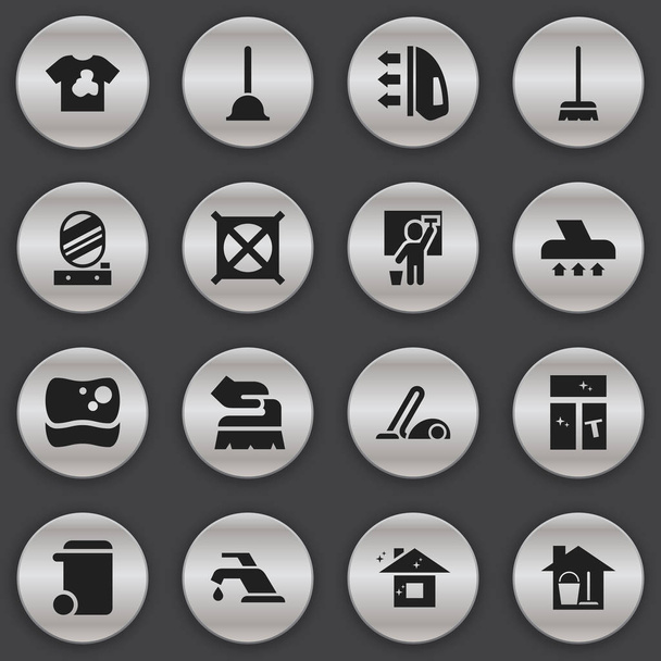 Ensemble de 16 icônes de nettoyage modifiables. Comprend des symboles tels que échappement, robinet, miroir mural et plus encore. Peut être utilisé pour le Web, mobile, interface utilisateur et infographie
. - Vecteur, image