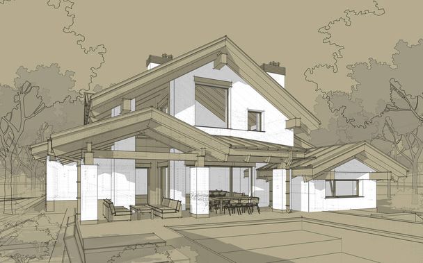 szkic 3D render o nowoczesny, przytulny dom w stylu domku - Zdjęcie, obraz