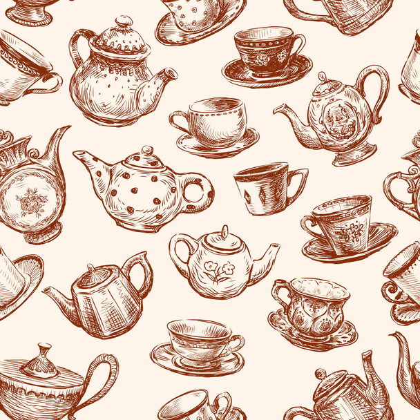Muster von Tassen und Teekannen - Vektor, Bild