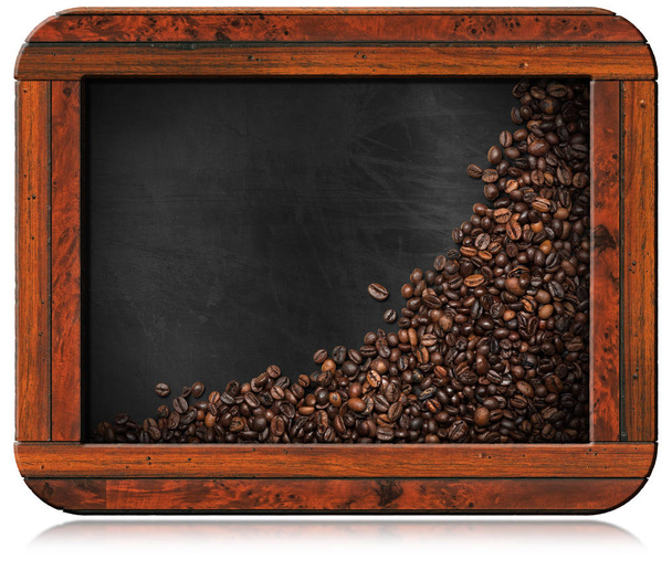 Μαυροπίνακας με κόκκους καφέ και χώρο αντίγραφο - Φωτογραφία, εικόνα
