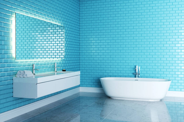 Blue minimalist bathroom design 3D render - Foto, imagen