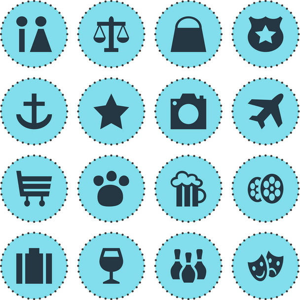 Vector Illustration Of 16 Map Icons. Editable Pack Of Shopping Cart, Anchor, Wineglass And Other Elements. - ベクター画像