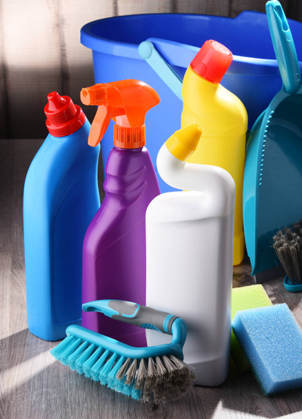 Variety of detergent bottles and chemical cleaning supplies - Photo, Image