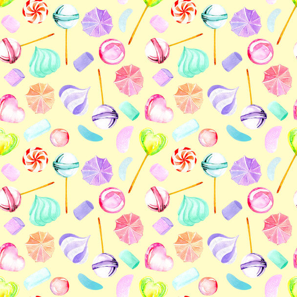 Naadloze patroon met aquarel zoetigheden (snoepgoed, lolly, marshmallow en plakken) - Foto, afbeelding