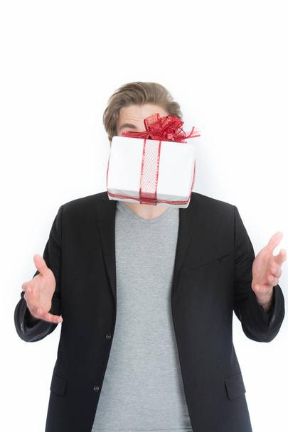 guy, businessman or man with present box in red ribbon - Fotoğraf, Görsel