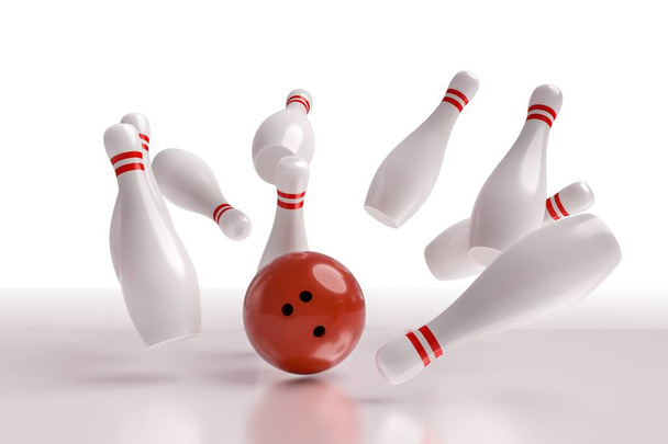 3D-gerenderde illustratie van bowling bal neerhalend pinnen (Strike). Witte achtergrond. - Foto, afbeelding