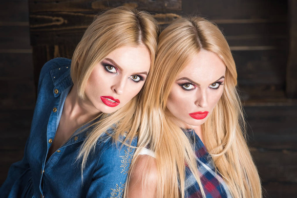 twin sisters with blond hair, fashionable makeup and red lips - Zdjęcie, obraz