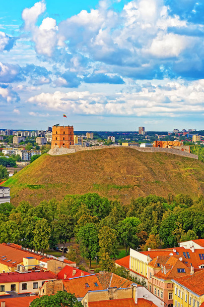 Gediminas Tower on the hill and rooftops in Vilnius - Photo, Image