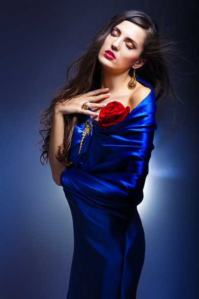 Art portrait of a beautiful woman in blue dress - Valokuva, kuva