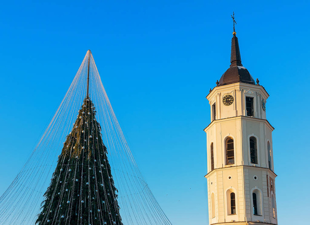 Katedral çan kulesi Vilnius Litvanya Advent Noel ağacı - Fotoğraf, Görsel