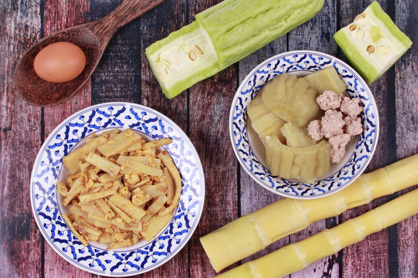 Fried bamboo shoots with egg ,Chinese bitter gourd with meat bal - Φωτογραφία, εικόνα