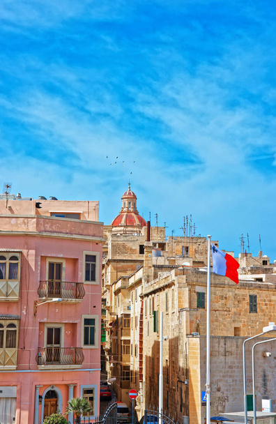 Street and Dome of Church of St Nicholas Valletta Malta - Photo, Image