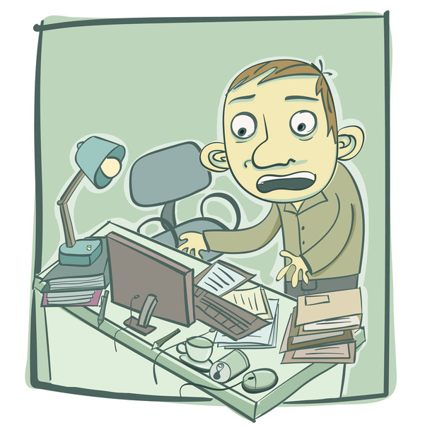 hombre con escritorio desordenado
 - Vector, imagen