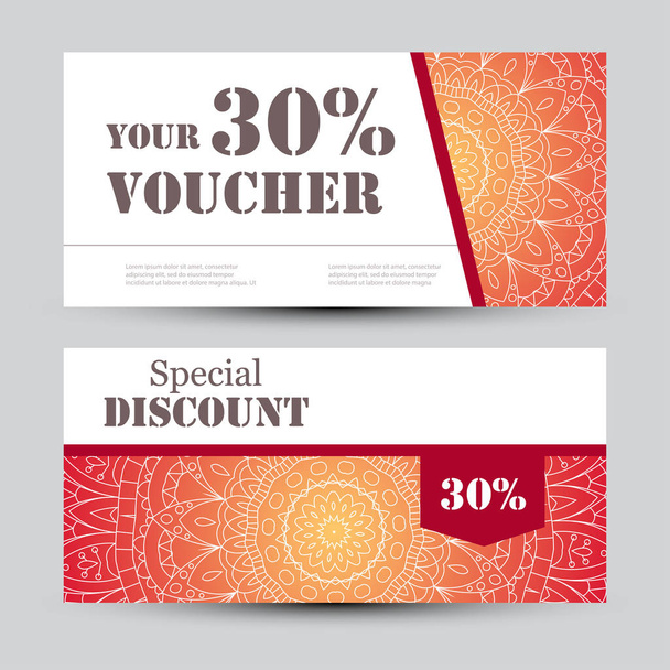 Gift voucher template with mandala. Design certificate for sport or yoga center, magazine or etc. Vector gift coupon with ornament on background - ベクター画像