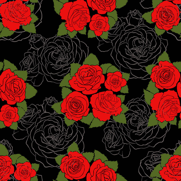 Seamless pattern with red colored and lined roses - Vektör, Görsel