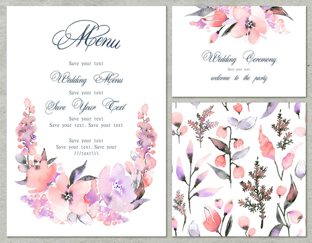 Watercolor set of backgrounds and seamless pattern with floral e - Photo, Image