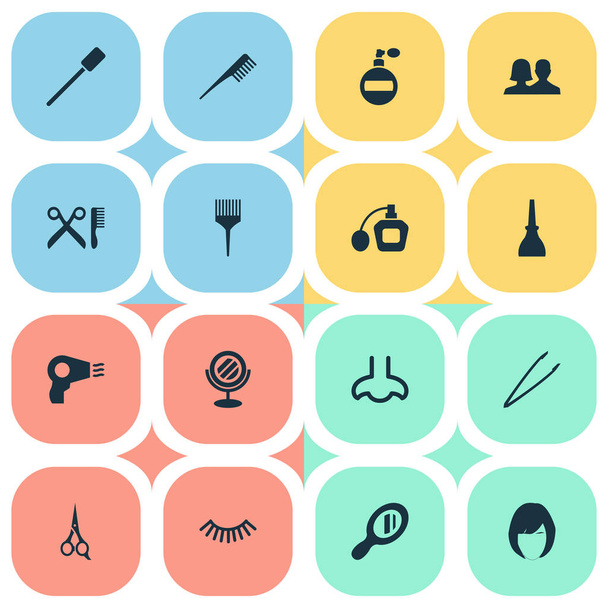 Vector Illustration Set Of Simple Beauty Icons. Elements Hairstyle, Eyelash Brush, Nail Polish And Other Synonyms Smell, Barber And Mascara. - Vector, Image