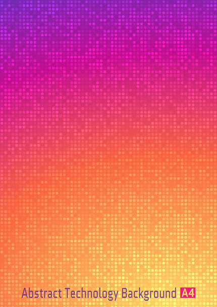 Абстрактный цветографический векторный технологический круг на цифровом фоне с фиолетовым, красным, оранжевым, желтым цветами. Яркий фон бизнес-шаблона с круглыми пикселями формата А4
. - Вектор,изображение