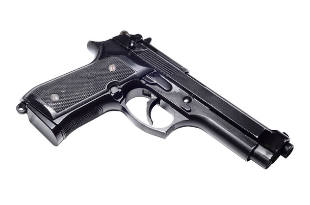 Käytetty musta metalli 9mm pistooli valkoisella taustalla
 - Valokuva, kuva