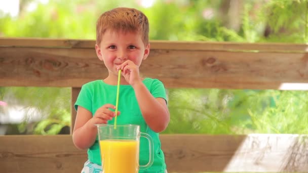 Little boy drink orange juice - Záběry, video