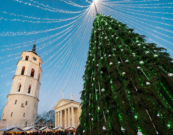 Noel ağacı ve katedral çan kulesi Vilnius Advent - Fotoğraf, Görsel