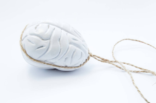 Mózgu w pętli lub liny lasso (konwencjonalność, zerwaniu). Model mózgu, owinięte liny lub złapać lub polowanie pętli linowe. Koncepcja dla łowców głów, Hr, rekrutacja do pracy umysłowej, choroby mózgu związane z ciśnieniem - Zdjęcie, obraz