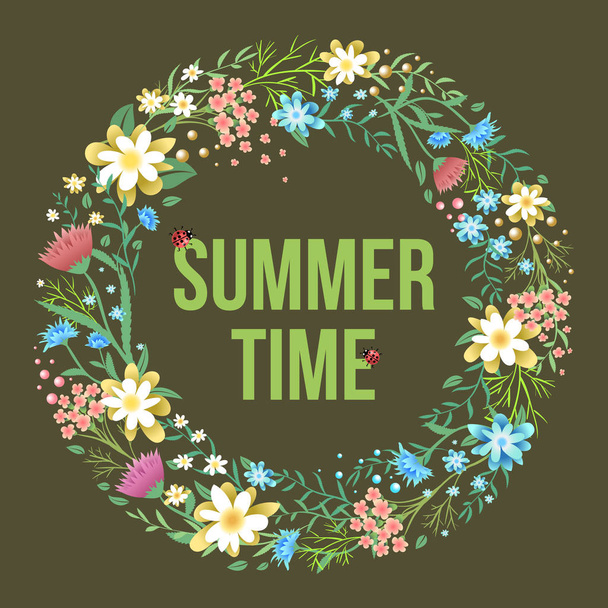 Round summer frame with flowers, plants and place for your text - Vector, Image