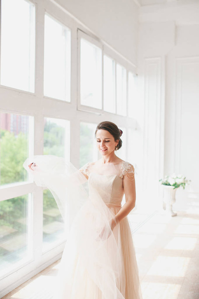 portrait of beautiful bride indoor. Fashion bride girl in gorgeous wedding dress in studio. - Foto, Imagen
