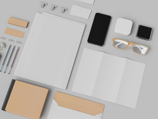 Corporate Identity. Branding Mock Up. Office supplies, Gadgets. 3D illustration - Φωτογραφία, εικόνα