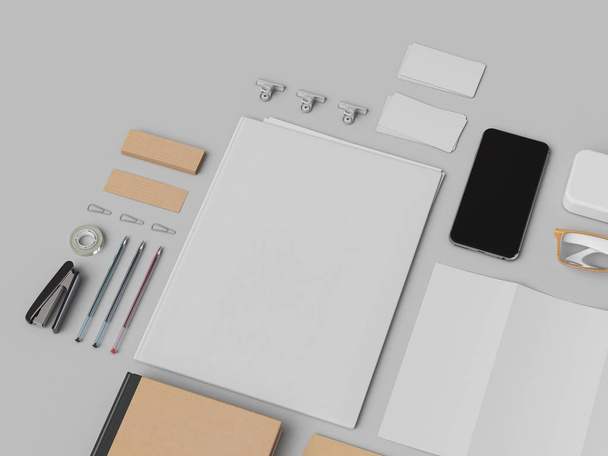 Corporate Identity. Branding Mock Up. Office supplies, Gadgets. 3D illustration - Valokuva, kuva