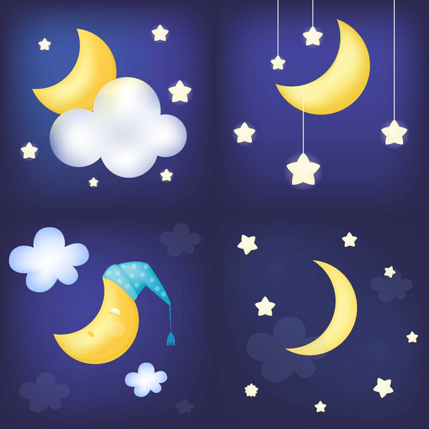 Moons on the blue sky with yellow stars and clouds - Vetor, Imagem