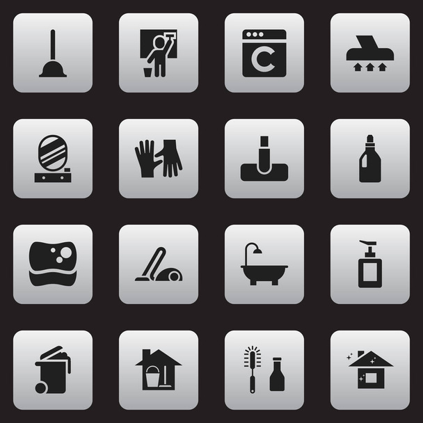 Set de 16 iconos de higiene editables. Incluye símbolos como Hoover, espejo de pared, detergente de lavandería y más. Puede ser utilizado para el diseño de la tela, móvil, interfaz de usuario e infografía
. - Vector, Imagen